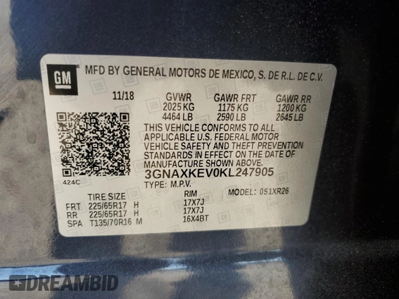 2019 Chevrolet Equinox LT z VIN 3GNAXKEV0KL247905, wystawiony jako Copart lot #54004435 z przebiegiem 197 213 mil mil oraz Szkoda całkowita • Salvage title. Historia ofert i sprzedaży dostępna na DreamBid. Obrazek 12.