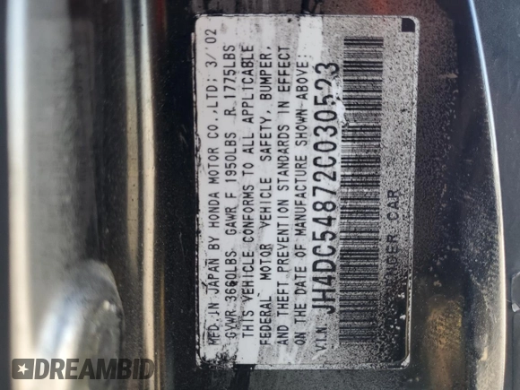 2002 Acura RSX Auto with VIN JH4DC54872C030523, listed as a Copart auction lot 75809874 with 278,888 mi miles and Salvage Title. Bid and sale history available at carsss.com. Image 12.