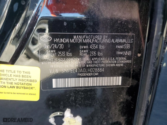 2020 Hyundai Sonata SEL with VIN 5NPEL4JA0LH028884, listed as a Copart auction lot 52560045 with 44,356 mi miles and Salvage Title. Bid and sale history available at carsss.com. Image 13.