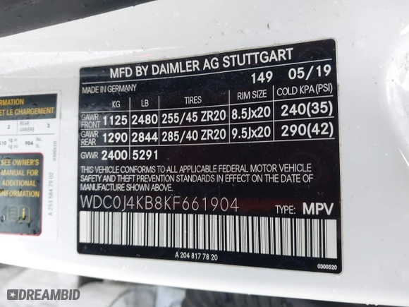 2019 Mercedes-Benz GLC with VIN WDC0J4KB8KF661904, listed as a IAAI auction lot 41750888 with 52,707 mi miles. Bid and sale history available at carsss.com. Image 9.
