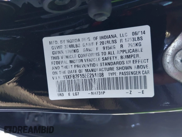2014 Honda Civic Sedan LX with VIN 19XFB2F55EE251808, listed as a IAAI auction lot 41636636 with 134,544 mi miles. Bid and sale history available at carsss.com. Image 9.