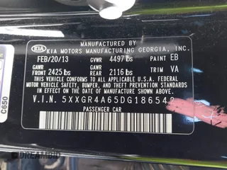 2013 Kia Optima SX with VIN 5XXGR4A65DG186542, listed as a IAAI auction lot 41824914 with 205,582 mi miles and . Bid and sale history available at DreamBid. Image 9.