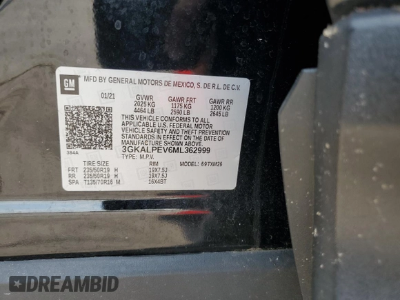 2021 GMC Terrain SLT with VIN 3GKALPEV6ML362999, listed as a Copart auction lot 59303575 with 34,979 mi miles and Salvage title. Bid and sale history available at DreamBid. Image 14.