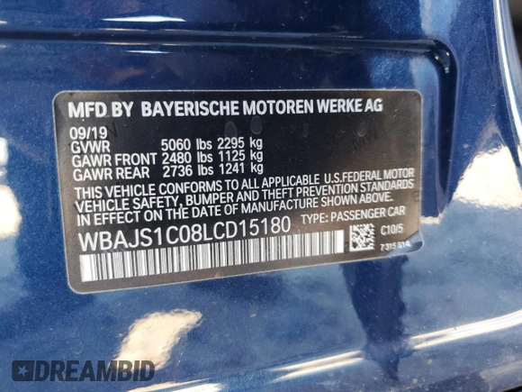 2020 BMW 5 Series 540i with VIN WBAJS1C08LCD15180, listed as a Copart auction lot 85655344 with 82,009 mi miles and Salvage title. Bid and sale history available at DreamBid. Image 14.
