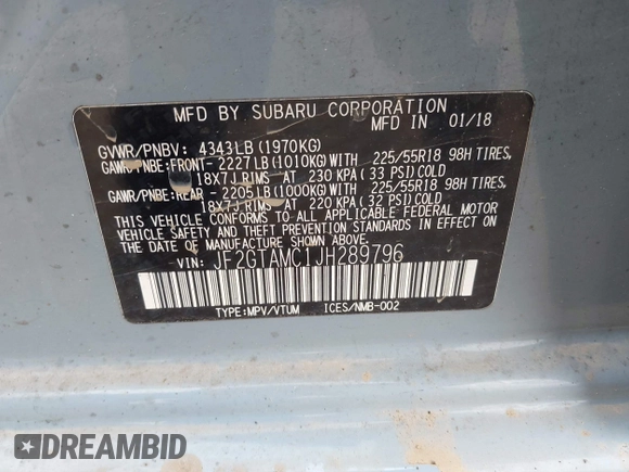 2018 Subaru Crosstrek Limited with VIN JF2GTAMC1JH289796, listed as a IAAI auction lot 42018018 with 120,441 mi miles and . Bid and sale history available at DreamBid. Image 9.