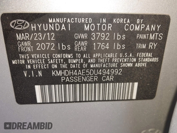 2013 Hyundai Elantra GLS z VIN KMHDH4AE5DU494992, wystawiony jako IAAI lot #41698877 z przebiegiem 56 324 mil mil oraz . Historia ofert i sprzedaży dostępna na DreamBid. Obrazek 9.