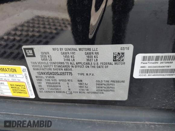 2016 Chevrolet Traverse LT с VIN 1GNKVGKD2GJ287775, выставлен на аукционе IAAI как лот 41775977 с пробегом 102 303 миль миль и . История ставок и продаж доступна на DreamBid. Изображение 9.