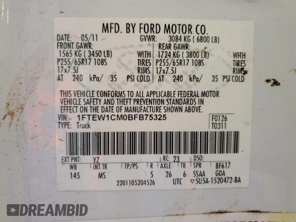 2011 Ford F-150 XL with VIN 1FTEW1CM0BFB75325, listed as a Copart auction lot 52133225 with 133,975 mi miles and Clean Title. Bid and sale history available at DreamBid. Image 12.