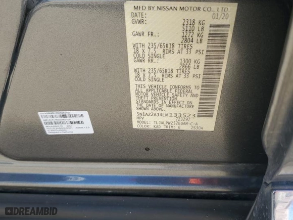 2020 Nissan Murano S with VIN 5N1AZ2AJ4LN133523, listed as a Copart auction lot 87116674 with 59,146 mi miles and Salvage Title. Bid and sale history available at carsss.com. Image 15.