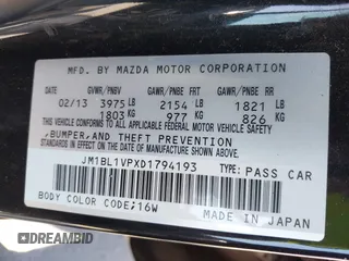 2013 Mazda 3 i Touring with VIN JM1BL1VPXD1794193, listed as a IAAI auction lot 42485116 with 1,119,411 mi miles and . Bid and sale history available at DreamBid. Image 9.