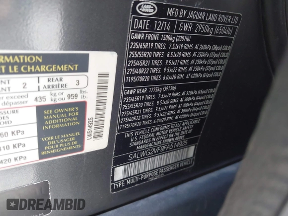 2015 Land Rover Range Rover Sport HSE with VIN SALWG2VF9FA514925, listed as a IAAI auction lot 42238590 with 97,884 mi miles and . Bid and sale history available at DreamBid. Image 9.