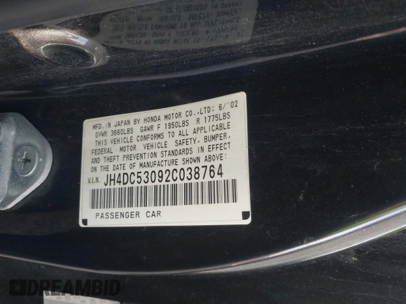 2002 Acura RSX Type S with VIN JH4DC53092C038764, listed as a IAAI auction lot 41102881 with 1 mi miles. Bid and sale history available at carsss.com. Image 9.