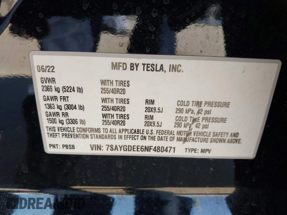 2022 Tesla Model Y Long Range with VIN 7SAYGDEE6NF480471, listed as a IAAI auction lot 41985797 with 82,777 mi miles and . Bid and sale history available at DreamBid. Image 9.