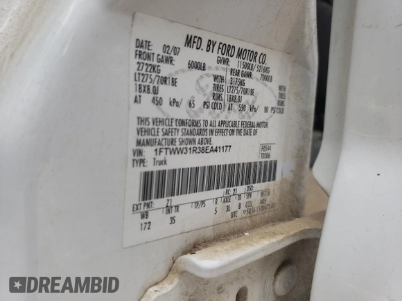 2008 Ford F-350 XL with VIN 1FTWW31R38EA41177, listed as a Copart auction lot 54195915 with 288,601 mi miles and Salvage Title. Bid and sale history available at DreamBid. Image 12.