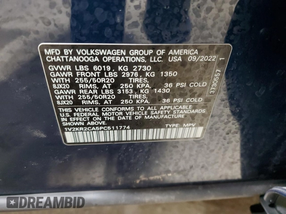 2023 Volkswagen Atlas 3.6L V6 SE w/Technology with VIN 1V2KR2CA5PC511774, listed as a Copart auction lot 46451225 with 38,140 mi miles and Salvage Title. Bid and sale history available at carsss.com. Image 13.