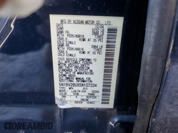 2005 Nissan Quest SE with VIN 5N1BV28UX5N107334, listed as a Copart auction lot 45776135 with 193,466 mi miles and Salvage Title. Bid and sale history available at carsss.com. Image 16.