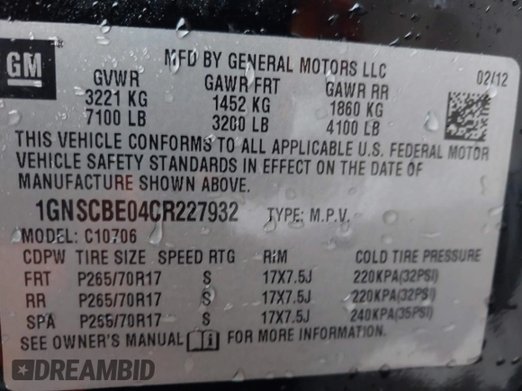 2012 Chevrolet Tahoe LT z VIN 1GNSCBE04CR227932, wystawiony jako IAAI lot #38472865 z przebiegiem 167 457 mil mil oraz . Historia ofert i sprzedaży dostępna na DreamBid. Obrazek 9.