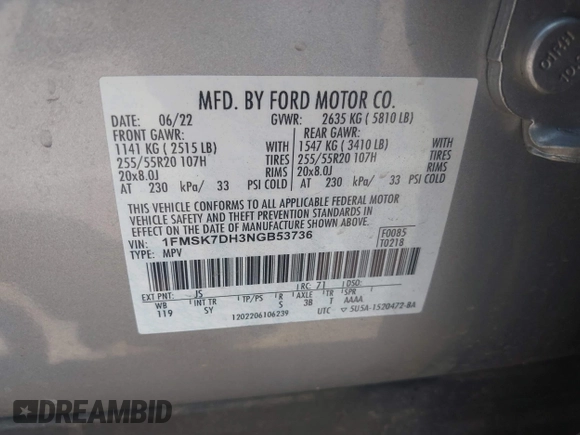2022 Ford Explorer XLT with VIN 1FMSK7DH3NGB53736, listed as a IAAI auction lot 42417356 with 31,446 mi miles and . Bid and sale history available at DreamBid. Image 9.