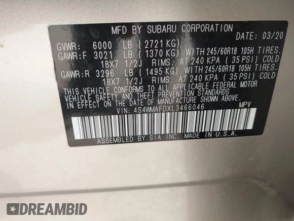 2020 Subaru Ascent Premium z VIN 4S4WMAFDXL3466046, wystawiony jako IAAI lot #42202373 z przebiegiem 53 370 mil mil oraz . Historia ofert i sprzedaży dostępna na DreamBid. Obrazek 9.