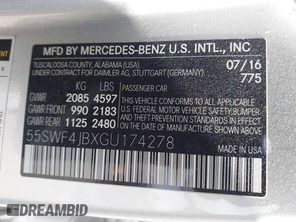 2016 Mercedes-Benz C 300 with VIN 55SWF4JBXGU174278, listed as a IAAI auction lot 42033857 with 68,487 mi miles and . Bid and sale history available at DreamBid. Image 9.