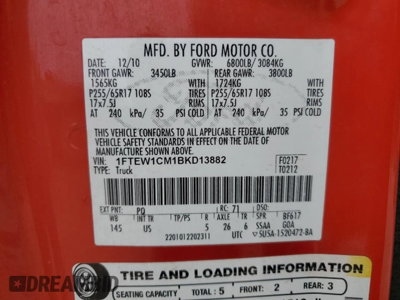2011 Ford F-150 XL with VIN 1FTEW1CM1BKD13882, listed as a Copart auction lot 58329505 with Not provided miles and Salvage title. Bid and sale history available at DreamBid. Image 12.