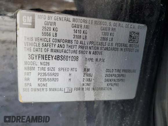 2011 Cadillac SRX Performance Collection with VIN 3GYFNEEY4BS601098, listed as a Copart auction lot 87548235 with 94,317 mi miles and Salvage Title. Bid and sale history available at carsss.com. Image 13.