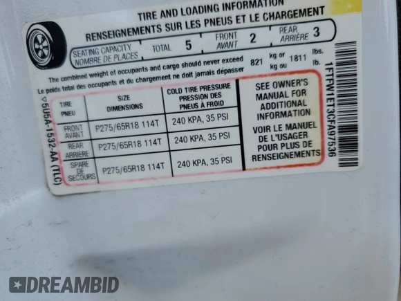 2012 Ford F-150 XL with VIN 1FTFW1ET3CFA97536, listed as a Copart auction lot 60842665 with 136,127 mi miles and Salvage title. Bid and sale history available at DreamBid. Image 13.