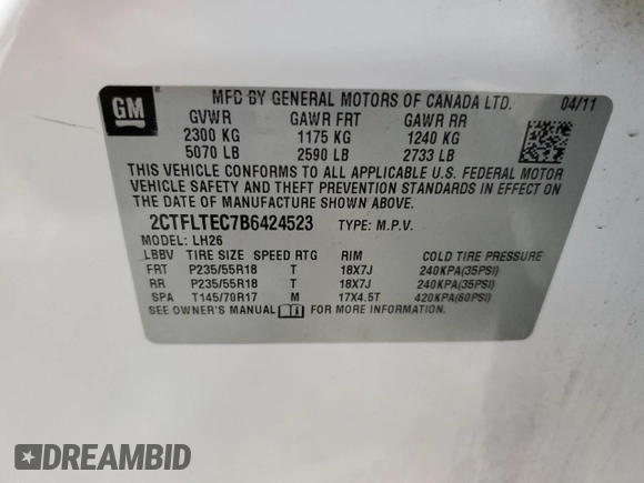 2011 GMC Terrain SLE-2 with VIN 2CTFLTEC7B6424523, listed as a Copart auction lot 49105695 with 144,633 mi miles and Salvage title. Bid and sale history available at DreamBid. Image 13.