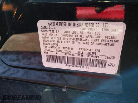 2017 Infiniti Q50 Premium with VIN JN1EV7AR1HM838154, listed as a IAAI auction lot 41623393 with 74,449 mi miles and . Bid and sale history available at DreamBid. Image 9.