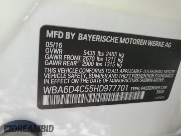 2017 BMW 6 Series 650i with VIN WBA6D4C55HD977701, listed as a Copart auction lot 75016784 with 109,245 mi miles and Salvage Title. Bid and sale history available at carsss.com. Image 12.