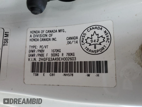 2014 Honda Civic z VIN 2HGFG3A49EH002603, wystawiony jako Copart lot #46585395 z przebiegiem Nie podano mil oraz Nie do naprawy • Non repairable. Historia ofert i sprzedaży dostępna na DreamBid. Obrazek 12.