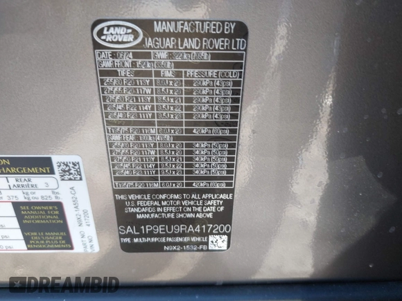 2024 Land Rover Range Rover Sport SE with VIN SAL1P9EU9RA417200, listed as a IAAI auction lot 41419407 with 7,577 mi miles. Bid and sale history available at carsss.com. Image 9.