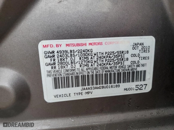 2011 Mitsubishi Outlander SE with VIN JA4AS3AW2BU016189, listed as a Copart auction lot 84054614 with 177,855 mi miles and Salvage Title. Bid and sale history available at carsss.com. Image 12.
