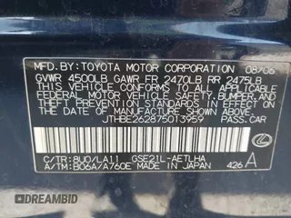 2007 Lexus IS 350 with VIN JTHBE262875013959, listed as a IAAI auction lot 42805045 with 230,765 mi miles and . Bid and sale history available at DreamBid. Image 9.