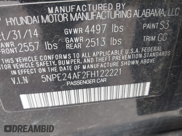 2015 Hyundai Sonata 2.4L SE with VIN 5NPE24AF2FH122221, listed as a IAAI auction lot 41932570 with 119,198 mi miles. Bid and sale history available at carsss.com. Image 9.