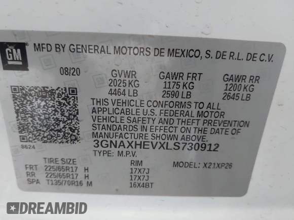 2020 Chevrolet Equinox LS with VIN 3GNAXHEVXLS730912, listed as a IAAI auction lot 41925848 with 58,981 mi miles and . Bid and sale history available at DreamBid. Image 9.