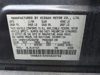 2005 Nissan Maxima 3.5 SL with VIN 1N4BA41E45C823792, listed as a IAAI auction lot 41251486 with 165,130 mi miles. Bid and sale history available at carsss.com. Image 9.