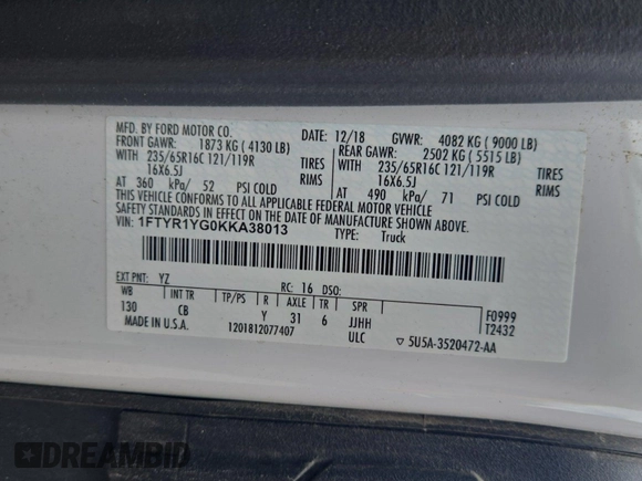 2019 Ford Transit с VIN 1FTYR1YG0KKA38013, выставлен на аукционе IAAI как лот 42832415 с пробегом 113 443 миль миль и . История ставок и продаж доступна на DreamBid. Изображение 17.