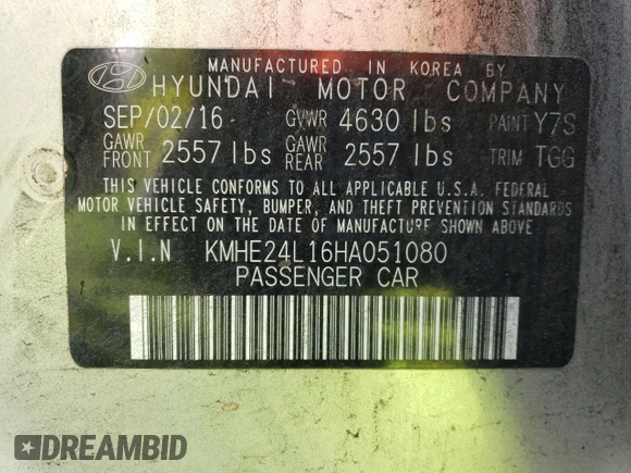 2017 Hyundai Sonata Hybrid SE with VIN KMHE24L16HA051080, listed as a Copart auction lot 45269543 with 100,916 mi miles. Bid and sale history available at carsss.com. Image 12.