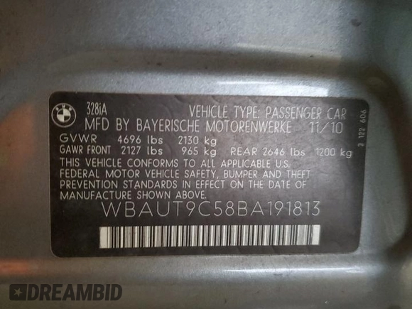 2011 BMW 3 Series 328i with VIN WBAUT9C58BA191813, listed as a Copart auction lot 42490805 with 120,328 mi miles and Salvage title. Bid and sale history available at DreamBid. Image 12.