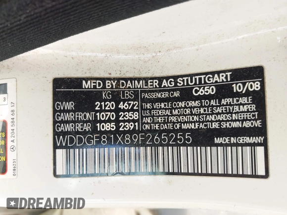 2009 Mercedes-Benz C 300 Sport with VIN WDDGF81X89F265255, listed as a IAAI auction lot 42552867 with 88,548 mi miles and . Bid and sale history available at DreamBid. Image 9.
