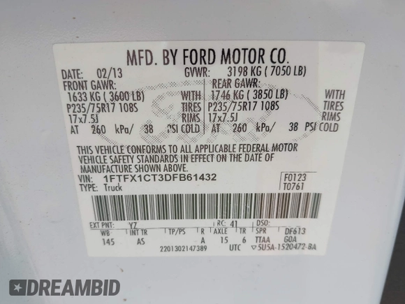 2013 Ford F-150 XL with VIN 1FTFX1CT3DFB61432, listed as a IAAI auction lot 42587933 with 242,515 mi miles and . Bid and sale history available at DreamBid. Image 9.
