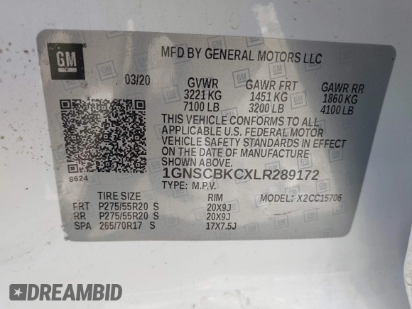 2020 Chevrolet Tahoe LT с VIN 1GNSCBKCXLR289172, выставлен на аукционе IAAI как лот 41441514 с пробегом 57 993 миль миль и . История ставок и продаж доступна на DreamBid. Изображение 9.