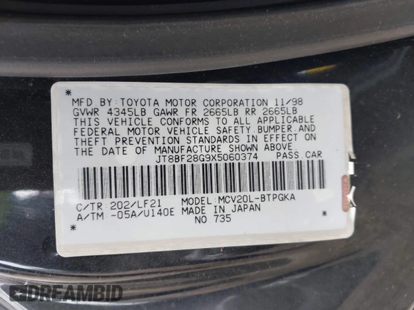 1999 Lexus ES 300 с VIN JT8BF28G9X5060374, выставлен на аукционе IAAI как лот 41809173 с пробегом 240 274 миль миль и . История ставок и продаж доступна на DreamBid. Изображение 9.