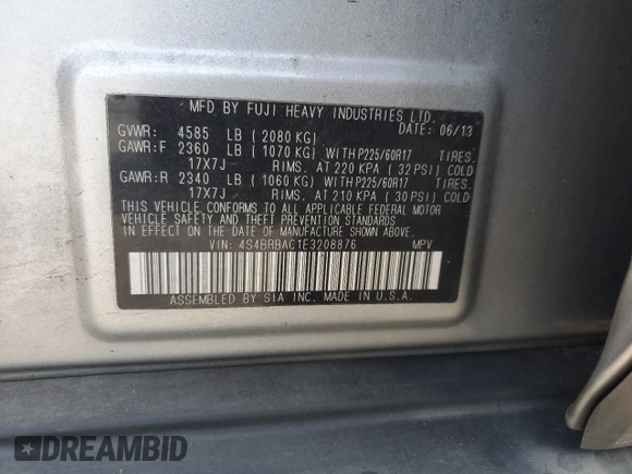 2014 Subaru Outback 2.5i with VIN 4S4BRBAC1E3208876, listed as a Copart auction lot 58860945 with 125,140 mi miles and Salvage title. Bid and sale history available at DreamBid. Image 14.