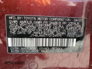 2007 Lexus ES with VIN JTHBJ46G772124975, listed as a Copart auction lot 52200865 with 166,037 mi miles and Salvage Title. Bid and sale history available at carsss.com. Image 12.