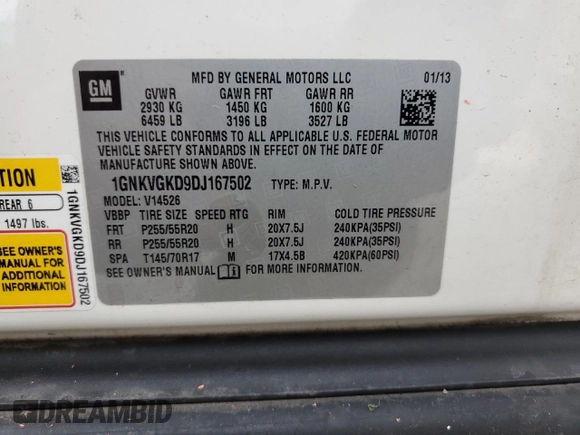 2013 Chevrolet Traverse LT with VIN 1GNKVGKD9DJ167502, listed as a Copart auction lot 43309165 with 163,759 mi miles and Salvage Title. Bid and sale history available at DreamBid. Image 15.