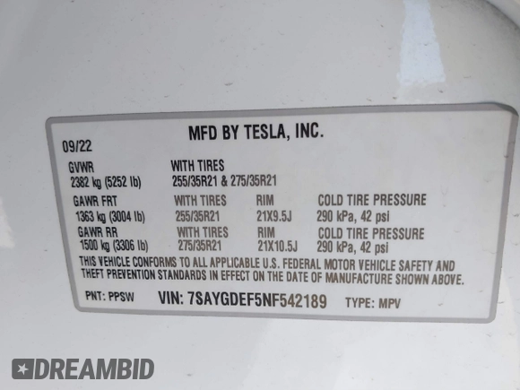 2022 Tesla Model Y Performance with VIN 7SAYGDEF5NF542189, listed as a IAAI auction lot 41643254 with 18,865 mi miles and . Bid and sale history available at DreamBid. Image 9.