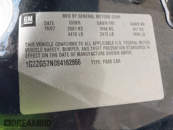 2008 Pontiac G6 with VIN 1G2ZG57N084162866, listed as a IAAI auction lot 42398613 with 119,238 mi miles and . Bid and sale history available at DreamBid. Image 9.