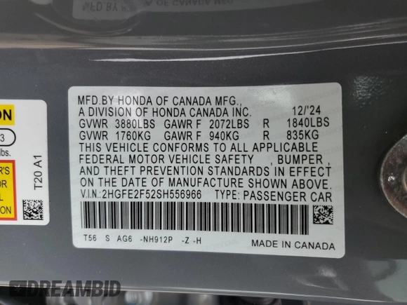 2025 Honda Civic Sport with VIN 2HGFE2F52SH556966, listed as a Copart auction lot 51869595 with 1,237 mi miles and Salvage title. Bid and sale history available at DreamBid. Image 12.